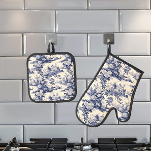 Toile De Jouy Blaues Muster Navy Ofenhandschuh & Topflappen-Set