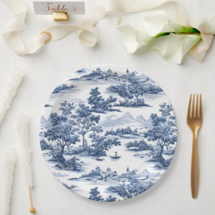 Toile de Jouy, blaues Porzellan, blaues Weidenmust Pappteller