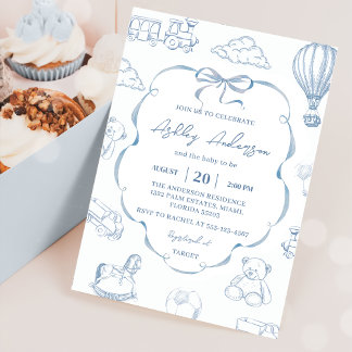 Toile De Jouy Blaues Schleifen-Baby-Party Einladung