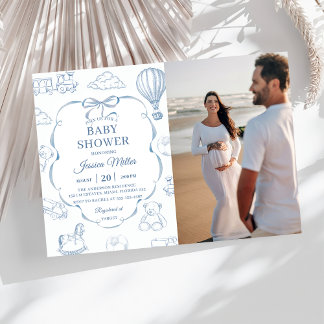 Toile De Jouy Blaues Schleifen-Baby-Party-Foto  Einladung