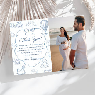 Toile De Jouy Blaues Schleifen-Baby-Shower-Dankesk Einladung