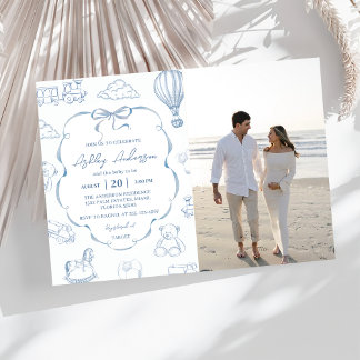 Toile De Jouy Blaues Schleifen-Baby-Shower-Party-F Einladung
