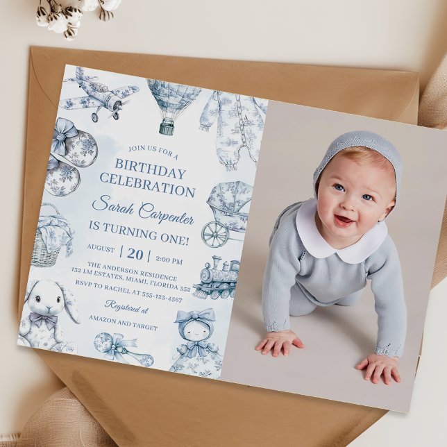 Toile De Jouy Blue Birthday Party Foto Einladung (Von Creator hochgeladen)