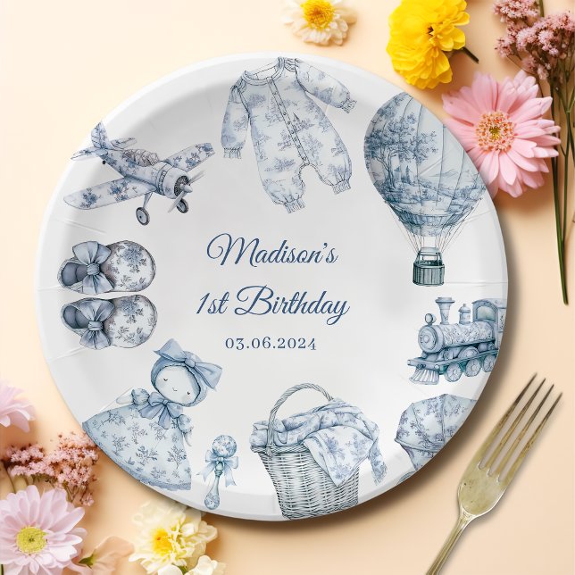 Toile De Jouy Blue Birthday Party Pappteller (Von Creator hochgeladen)