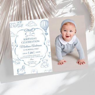 Toile De Jouy Blue Bow Birthday Party Photo Einladung