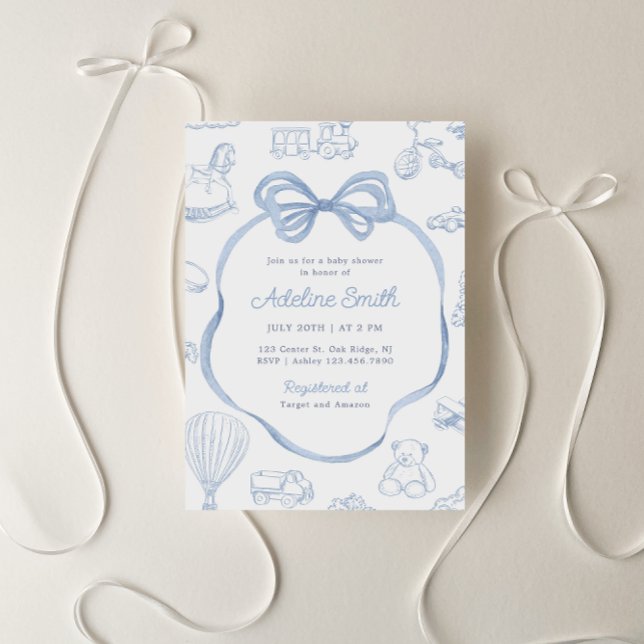 Toile de Jouy Blue Bow Chinoiserie Boy Baby Dusche Einladung (Von Creator hochgeladen)