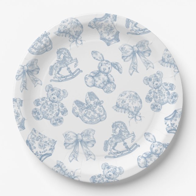 Toile de Jouy Blue Bow Paper Plate Pappteller (Vorderseite)