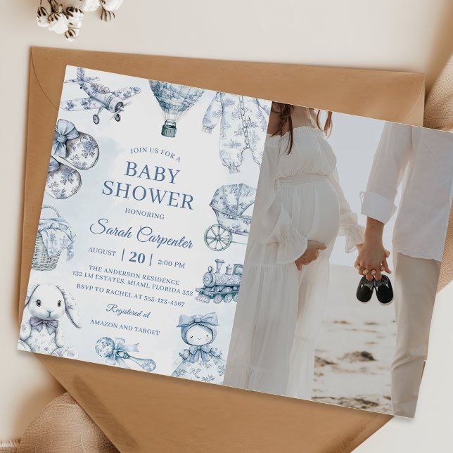 Toile De Jouy Blue Boy Baby Dusche Party Foto Einladung (Von Creator hochgeladen)