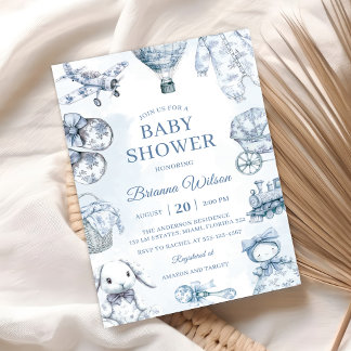 Toile De Jouy Blue Boy Baby Duschkabine Party Einladung