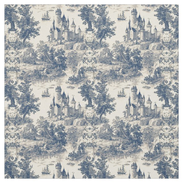 Toile de Jouy Blue Castle über das Elfenbeinalter Stoff (Muster)
