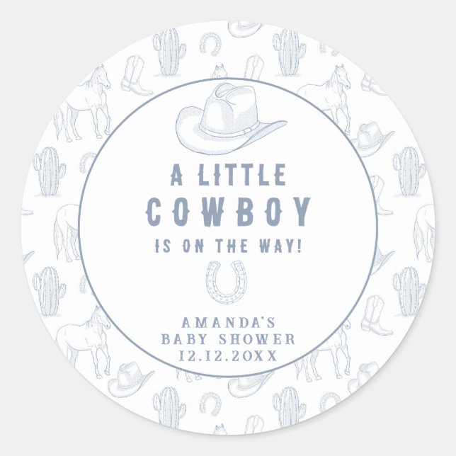 Toile de Jouy Blue Cowboy Western Babydusche Runder Aufkleber (Vorderseite)