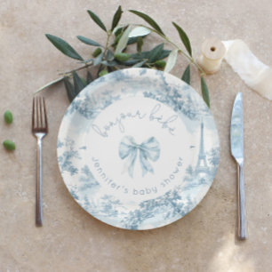 Toile de Jouy Bonjour bebe Schleife Baby-Einweihun Pappteller