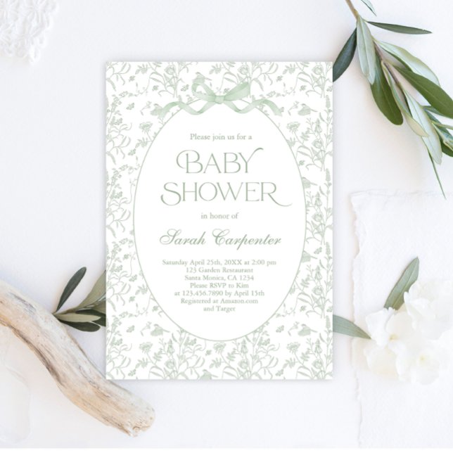 Toile De Jouy Bow Baby Shower Einladung (Von Creator hochgeladen)