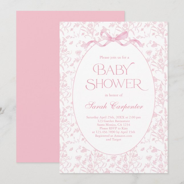 Toile De Jouy Bow Baby shower Invitation fille (Devant / Derrière)