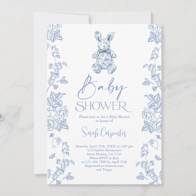 Toile De Jouy Bunny Baby Shower Boy Einladung (Vorderseite)
