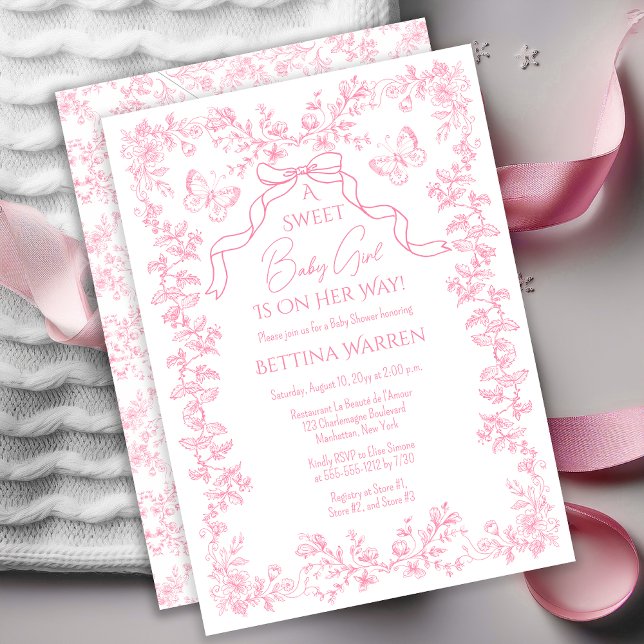 Toile de Jouy Chinoiserie Butterflies Babydusche Einladung ("A Sweet Baby Girl Is On Her Way!" Chinoiserie Toile de Jouy Butterflies Bow Girl Baby Shower Invite)