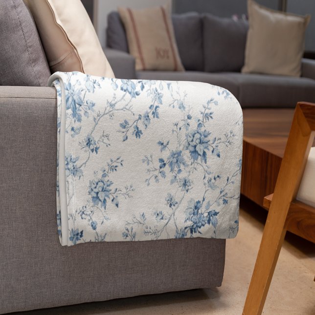 Toile De Jouy Floral Blue Chinoiseries Pattern Fleecedecke (Toile De Jouy Floral Blue Chinoiseries Pattern Fleece Blanket (Larage))