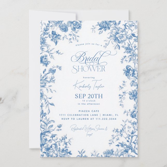 Toile De Jouy French Floral Bridal Einladung (Vorderseite)