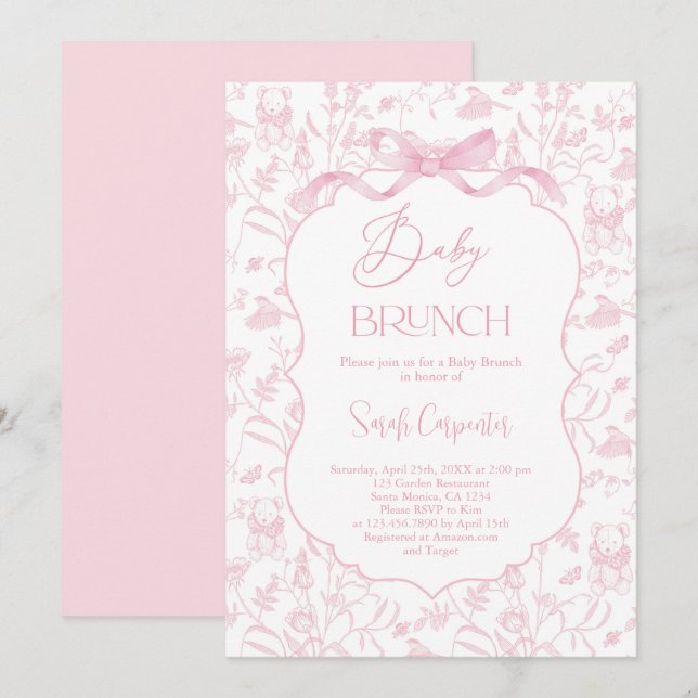 Toile De Jouy Girl Babydusche Brunch mit Bow Einladung (Vorne/Hinten)