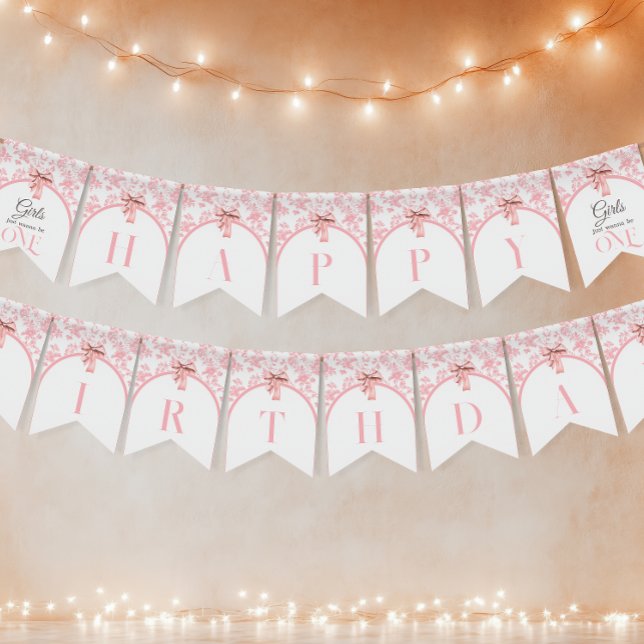 Toile de Jouy Girl Pink Bow First 1st Birthday Wimpelkette (Von Creator hochgeladen)