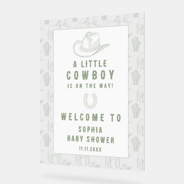 Toile De Jouy Green Cowboy Baby Dusche Willkommen Acrylschild (Winkel)