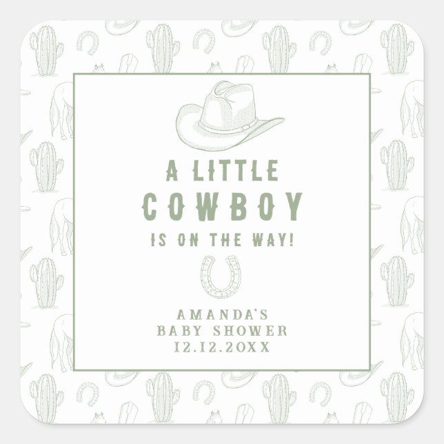 Toile de Jouy Green Cowboy Western Babydusche Quadratischer Aufkleber (Vorderseite)