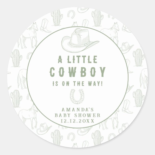 Toile de Jouy Green Cowboy Western Babydusche Runder Aufkleber (Vorderseite)