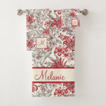 Toile de Jouy Lys floraux gris et rouges