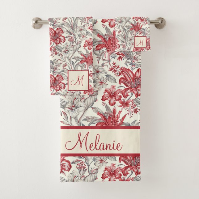 Toile de Jouy Lys floraux gris et rouges (En situation)