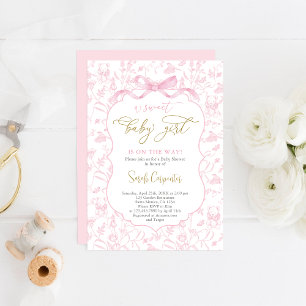 Toile De Jouy Mädchen-Baby-Party mit Schleife Einladung