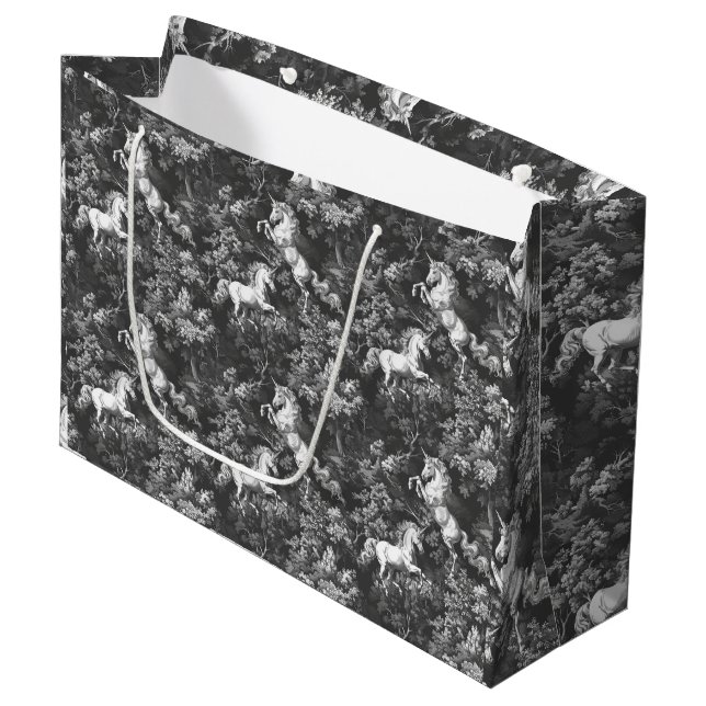 Toile De Jouy Monochrome Unicorns Große Geschenktüte (Vorderseite Schrägansicht)