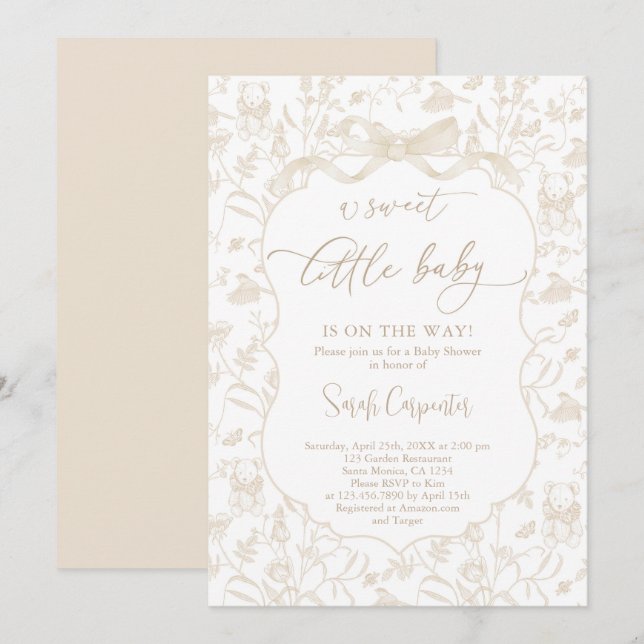 Toile De Jouy Neutral Baby Dusche mit Bow Einladung (Vorne/Hinten)