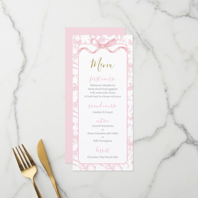 Toile de jouy Pink Baby Shower Girl Menu Card Menükarte (Vorderseite/Rückseite Beispiel)