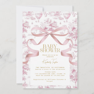Toile De Jouy Pink Bow Babydusche Einladung