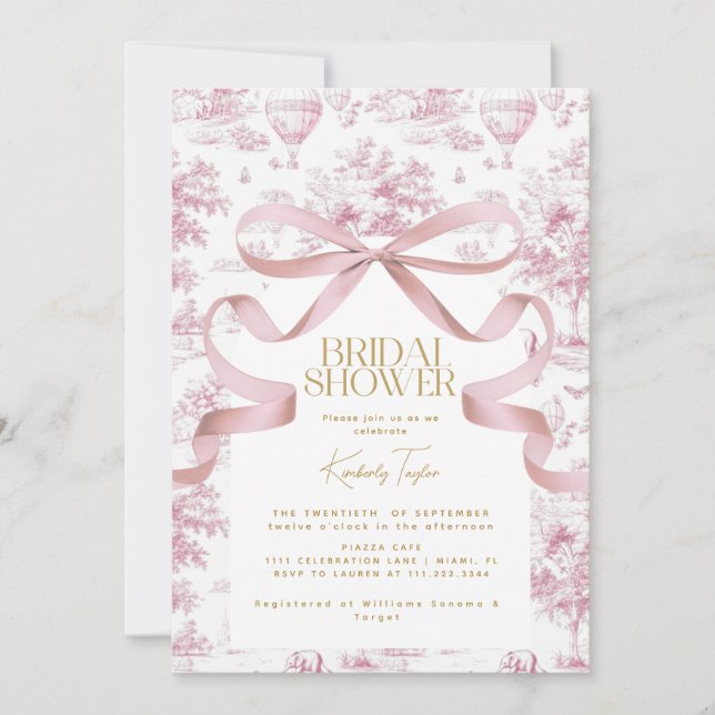 Toile De Jouy Pink Bow Bridal Dusche Einladung (Vorderseite)