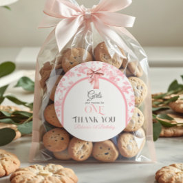 Toile de Jouy Pink Bow First 1st Birthday Decor Runder Aufkleber