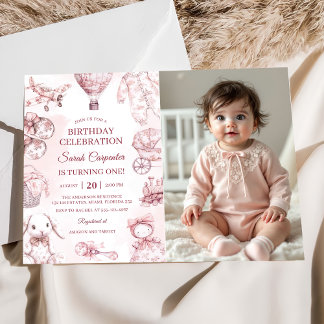 Toile De Jouy Pink Girl Birthday Party Photo  Einladung