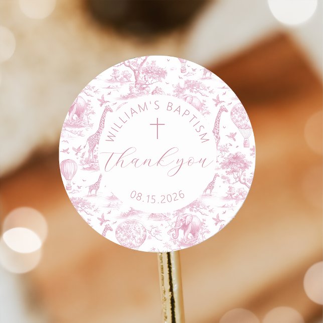 Toile de Jouy Pink Safari Taufsticker Runder Aufkleber (Von Creator hochgeladen)