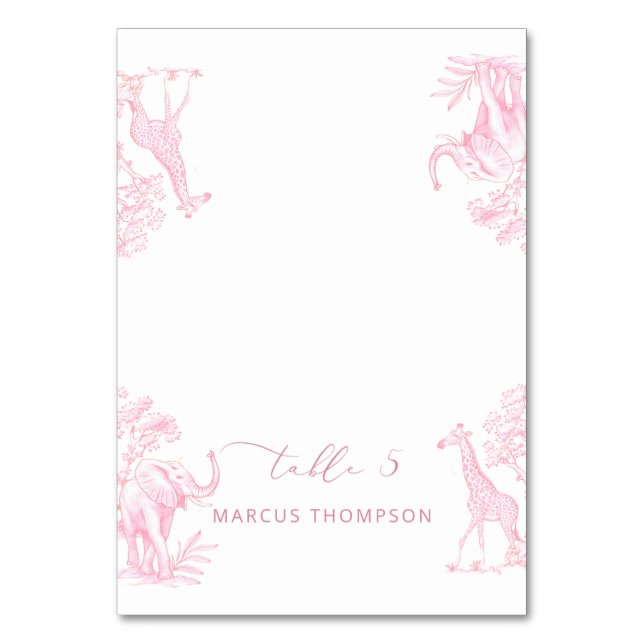 Toile de Jouy Pink Safari Tiere Platzkarte Tischnummer (Vorderseite)