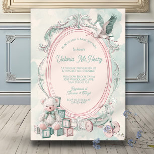 Toile de Jouy Rahmen Babydusche Rosa Einladung