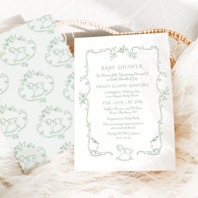 Toile de Jouy Rockpferd Sage Green Baby Dusche Einladung (Von Creator hochgeladen)