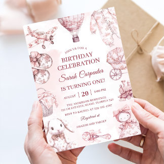 Toile De Jouy Rosa Mädchen Geburtstagsfeier Einladung