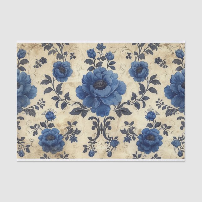 Toile de Jouy Rose in blau auf Alter Seidenpapier (Vorderseite)