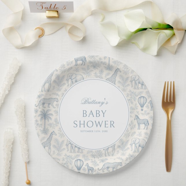 Toile De Jouy Safari Animals Blue Boy Baby Dusche Pappteller (Hochzeit)