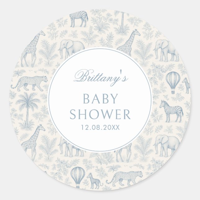 Toile De Jouy Safari Animals Blue Boy Baby Dusche Runder Aufkleber (Vorderseite)