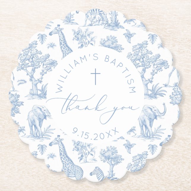 Toile de Jouy Safari Boy Taufe Vielen Dank Untersetzer (Vorderseite)