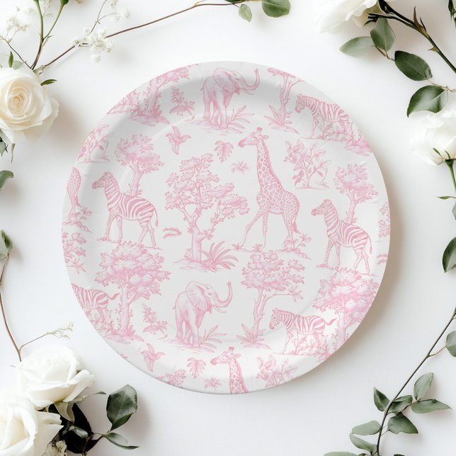 Toile de Jouy Safari Tiere Pink Baby Dusche Pappteller (Von Creator hochgeladen)