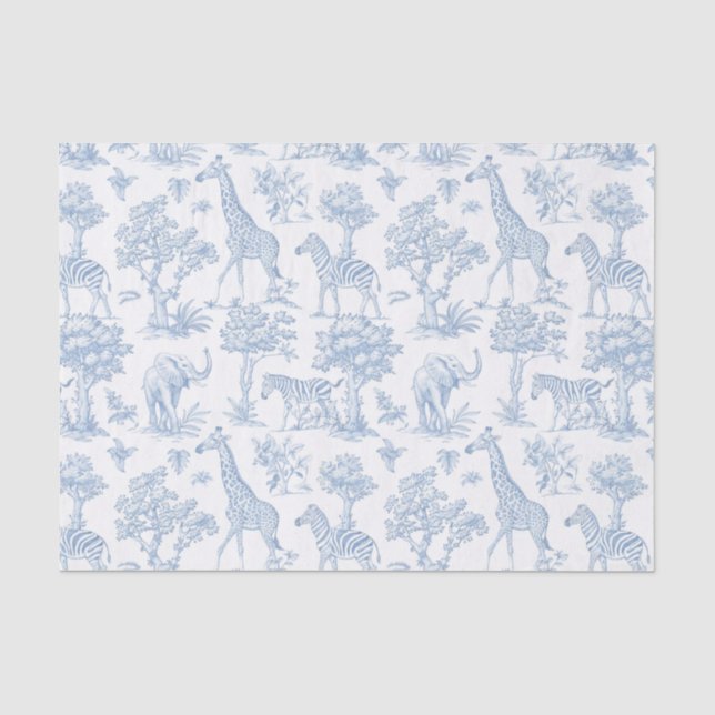 Toile de Jouy Safari Tiere staubblau elegant Seidenpapier (Vorderseite)