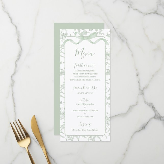 Toile de jouy Sage Baby Showkarte Menükarte (Vorderseite/Rückseite Beispiel)