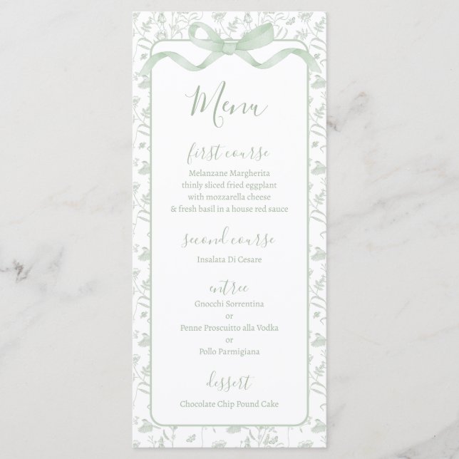 Toile de jouy Sage Green Menu Card Menükarte (Vorderseite)